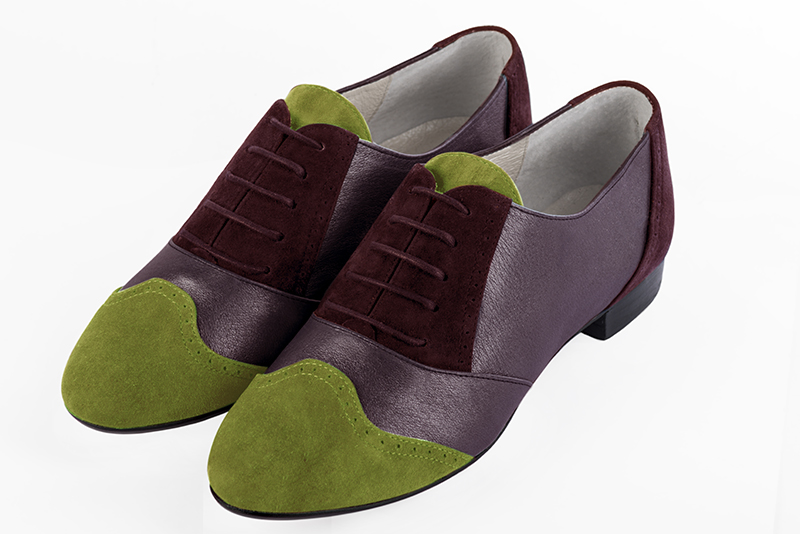 Pistachio green, mulberry purple and wine red women's fashion lace-up shoes. Round toe. Flat leather soles. Front view - Florence KOOIJMAN